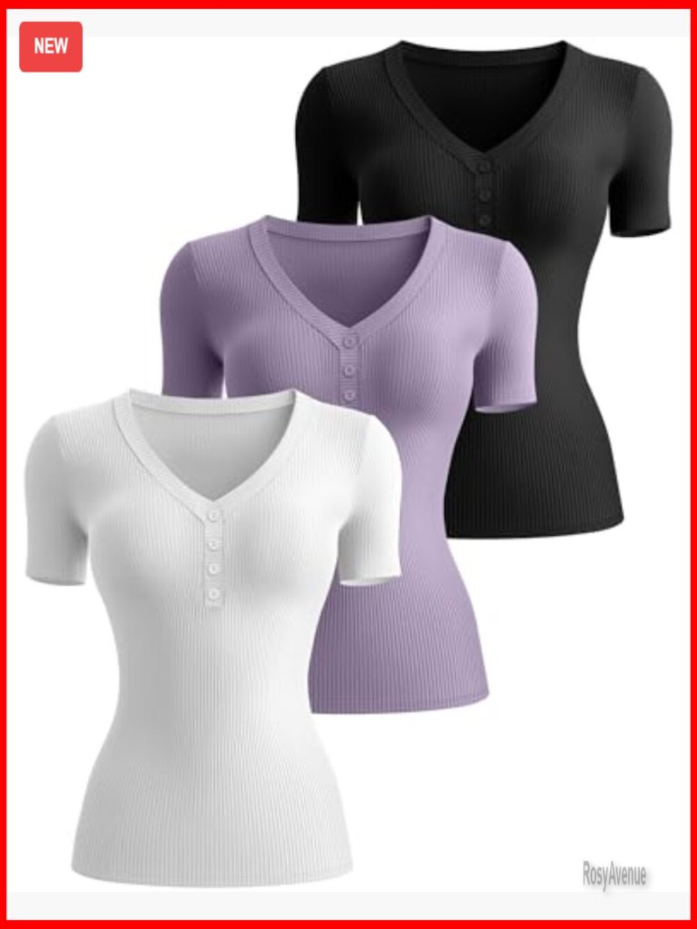 3 Pack Ribbed Henley Button T-Shirts, Slim Fit, 95% Cotton, Short Sleeve - Picture 4 of 7